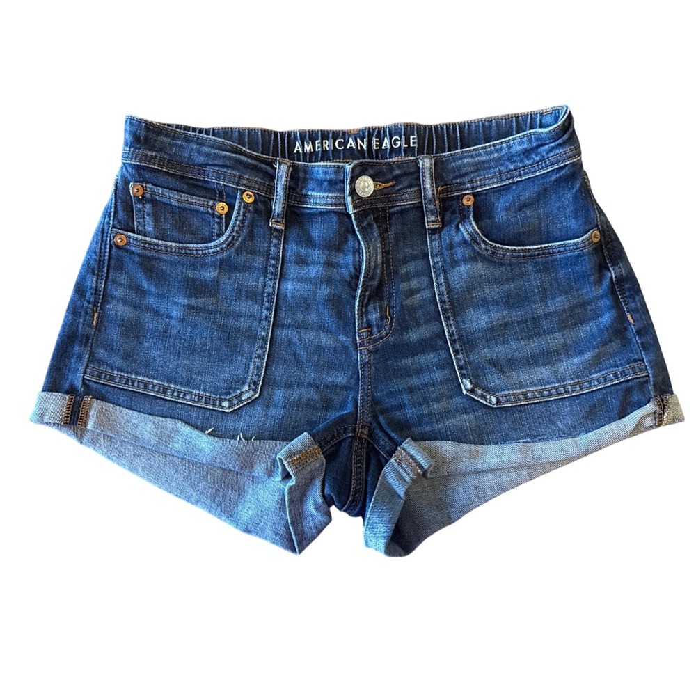 American Eagle Women Dark Wash Stretch Denim Patch Pocket Cuffed Shorts Size 2